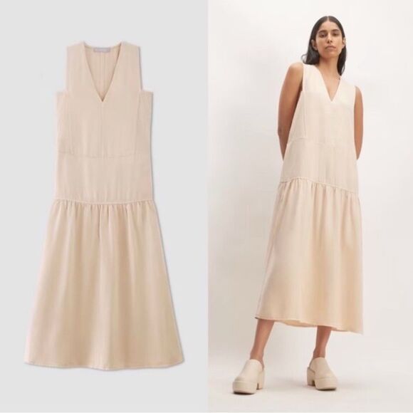 EVERLANE The Tencel™ V-Neck Midi Dress w/ Pockets XS NWT $168 - Picture 5 of 11